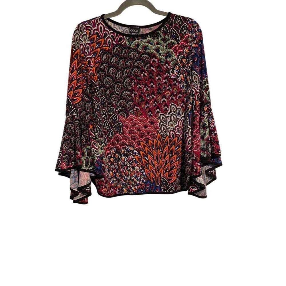 Coco Bianco Top Women’s Multicolor Paisley Bell Sleeve Knit Tunic Whimsigoth